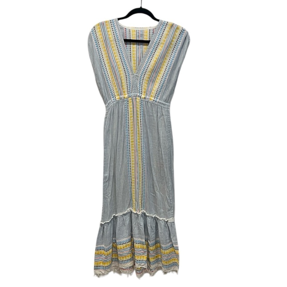 Lemlem cotton embroidered v neck maxi dress with fringe hem size XS
